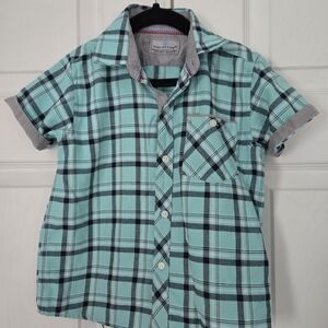 Boys Plaid Shirt - Turquoise Blue and Gray Size M (5/6)